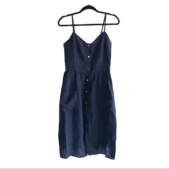 PISTACHE Italy Linen Sleeveless Button Front Midi Dress Navy Blue XS - Picture 2 of 6
